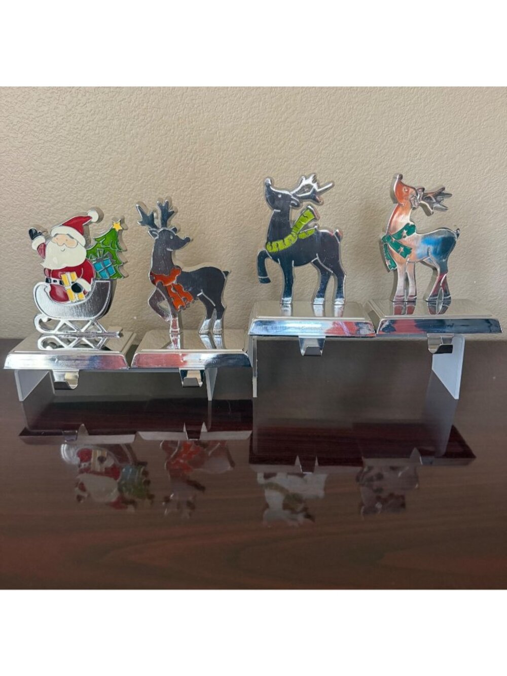 Santa Reindeer Christmas Stocking Holders Silver Tone Metal Set of 4